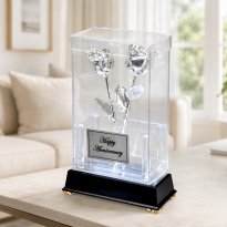 2 Illuminated 8" Platinum Roses in Custom Display Case